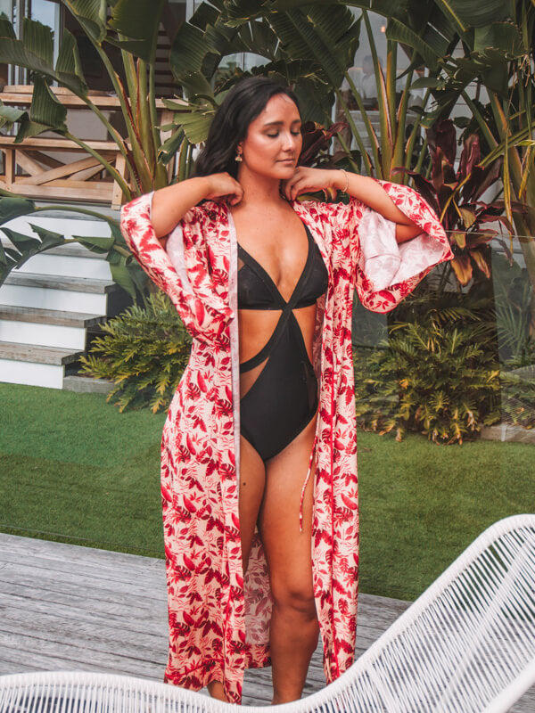 Full length maxi red tropical robe bikini coverup for summer