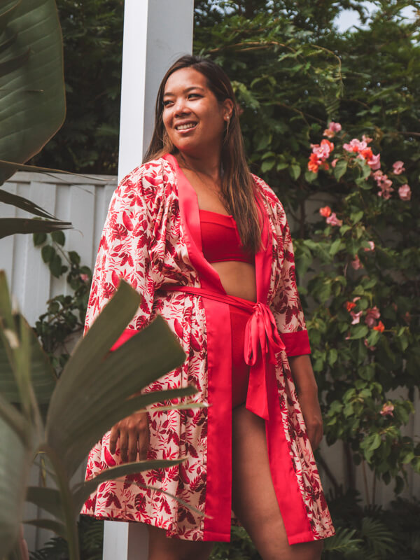 Tropical short red robe for holiday getaway and gifting