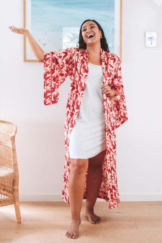 Maia Maxi Robe - Red Tropical - Lounging and sleepwear luxury robes