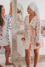 Pastel Paisely Short robe getting ready with a friend after bath