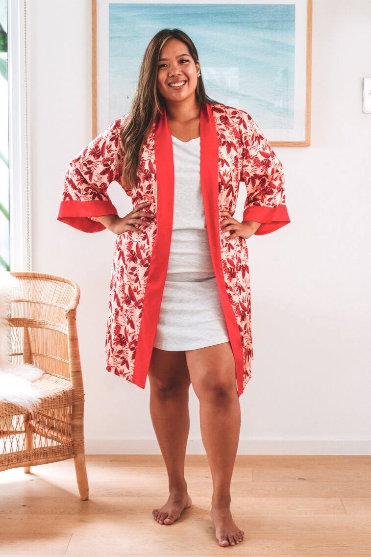 Shortie Red Robe Rhea Short Robe - Red Tropical Floral Print – Robe Therapy