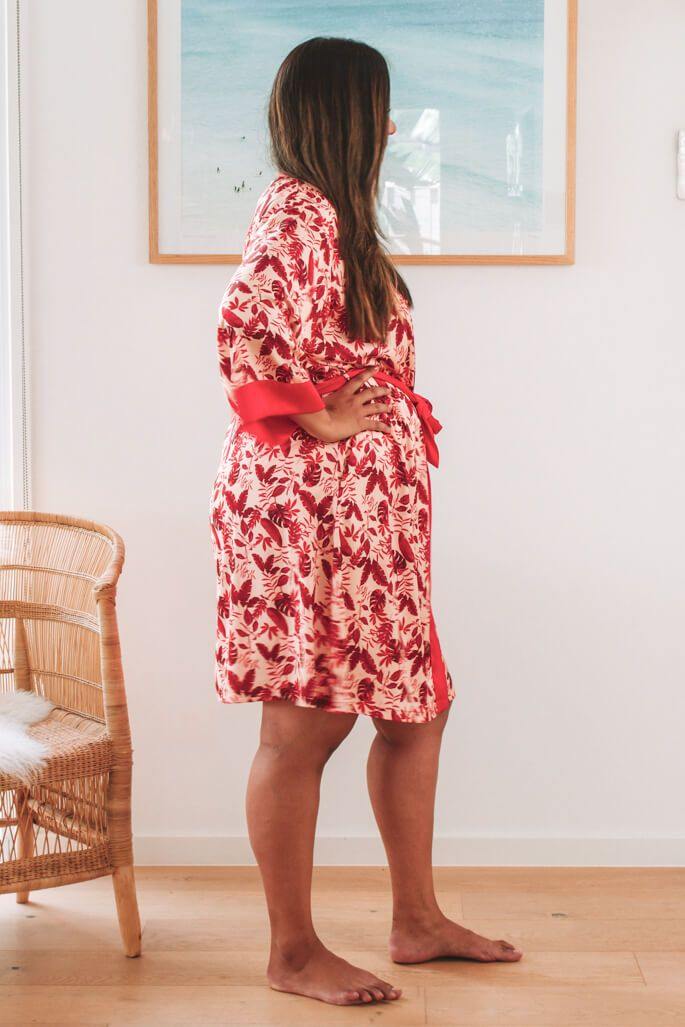 Shortie Red Robe Rhea Short Robe - Red Tropical Floral Print – Robe Therapy